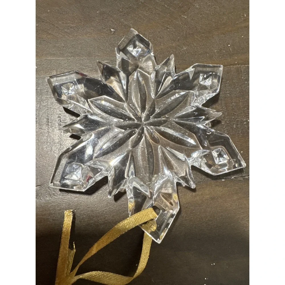 Clear Faceted Crystal Snowflake Christmas Ornament Gold Ribbon 3.25 Inch Holiday